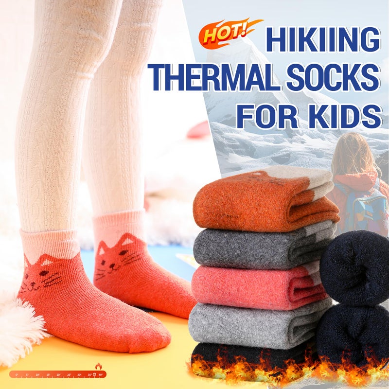 Eocom 6 Pairs Children's Winter Warm Wool Socks Kids Toddlers Boys Girls Thermal Thick Boot Cozy Crew Socks (4-7 Years, Cat) - Image 2